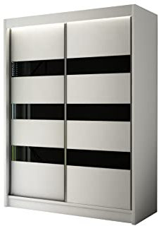 ALTDECOR Kleiderschrank mit Lacobel-Schiebetüren, kugelgelagerte Führungsschienen und Aluminium- Leisten, LED-Beleuchtung (16 Farben) und Fernbedienung - SOLTI - 120x215x61 cm Weiß/Lacobel Schwarz