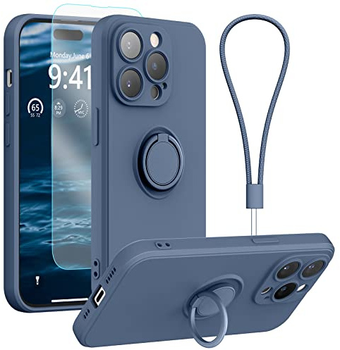 pcgaga Silicone Phone Case for iPhone 14 Pro Max with Screen Protector [Ring Holder Stand] [Wrist Strap] [Microfiber Lining] Slim Shockproof Protective Cover, 6.7 Inch, Blue
