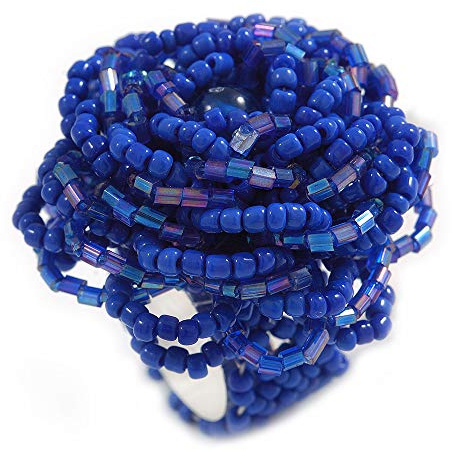 Avalaya Bague élastique en forme de fleur en perles de verre Bleu 40 mm de diamètre
