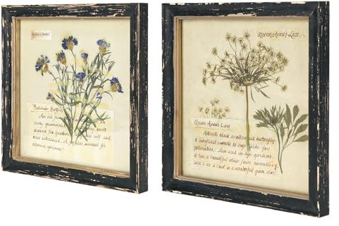 NIKKY HOME Vintage Framed Botanical Prints Set of 2-10x10 Inch Rustic Wood Floral Plant Pictures Wall Art for Bathroom Bedroom Living Room Office