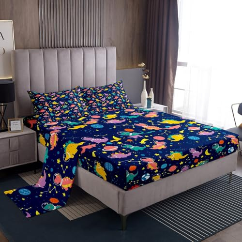 Erosebridal Boys Cartoon Dinosaur Bed Sheets,Kids Cute Dino Sheet Set,Girly Funny Dinosaur Astronaut Bedding Set Home Room Decor,Galaxy Space Stars Fitted Sheet + Flat Sheet + 2 Pillowcases,King