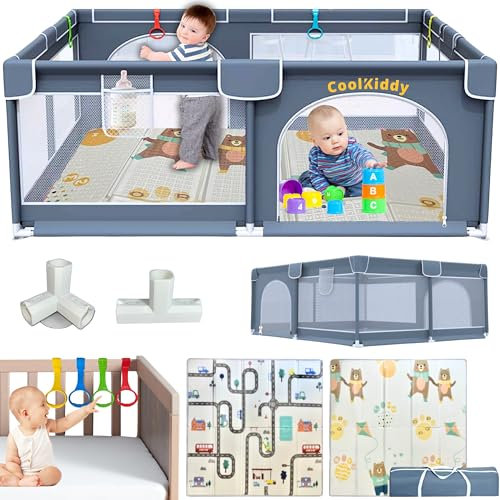 CoolKiddy - Parque Infantil Bebe 120x120 + Alfombra de Juegos Gruesa + 4 Agarraderas + Bolsa De Guardado + Libro Sensorial + Piezas Extras - Corralito Bebe es Ideal Para Gatear Con Seguridad
