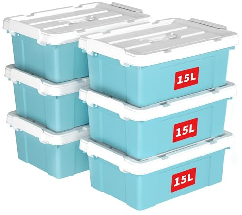 Cetomo 15L*6 Caja de Almacenamiento con Asa, Caja de Plástico con Tapa y Cierre Seguro, Contenedor de Almacenamiento, Duradera, Apilable, Resistentes, Azul, Paquete de 6 de 15L