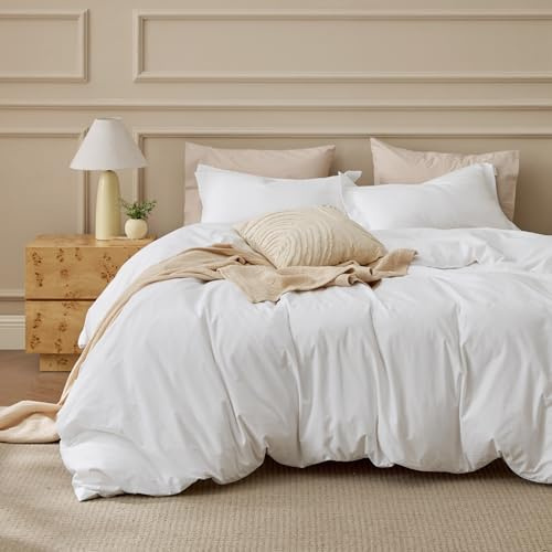 Bedsure 100% Washed Cotton Duvet Cover King Size - Natural White Minimalist Bedding Set Linen Like - PureWoven Plain Simple & Soft Comforter Cover for All Seasons (Natural White, King, 104x90)