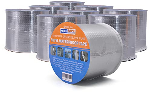 ADHES Waterproof Tape Butyl Tape 4inch x 5m Silver，9Rolls Aluminum Foil | Sealan Tape Outdoor Use,for RV Repair, Window, Silicone, Glass & EDPM Rubber Roof Patching