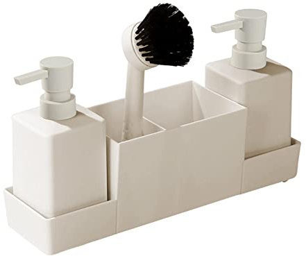 Baoblaze 4-teiliger Seifenspender für die Küche, mit Schwammhalter, Ablage für Seifenflaschen, Bürstenset, Abfluss, Handseifenspender für die Arbeitsplatte, Beige