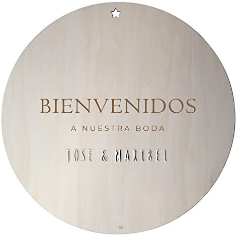 nagu® ES- Cartel de Bienvenidos a Nuestra Boda | Decoración Bodas | Placa de Madera para trípode de 45 cm de diámetro, Personalizada con nombresde los Novios. Cartel de Bienvenida Boda