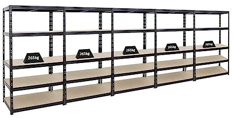 PROREGAL Mega Deal | 5X Schwerlastregal Tiger | HxBxT 180x100x60cm | Fachlast 265kg | Schwarz | Garagenregal, Lagerregal, Steckregal, Kellerregal