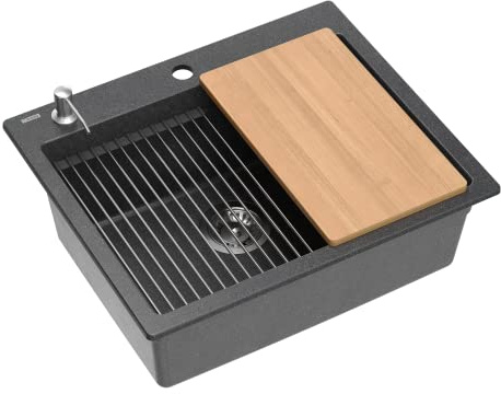 VBChome Set Spülbecken 60 x 50 cm Schwarz Spülmittelspender Siphon Matte Planke Granit Spüle Einzelbecken Küche Einbauspüle Verbundspüle Küchenspüle Spülbecken Schwarz