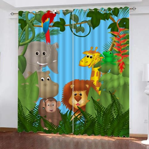 GIOVIA 3D Zoo Gardinen Abdunkelnde Tropisch Dschungel Kindervorhänge Vorhang mit ösen 2er Set Vorhänge Blickdicht Verdunkelungs für Kinderzimmer Schlafzimmer Wohnzimmer B 200 X H 160 cm