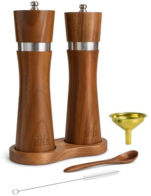 Acacia Wood Salt & Pepper Grinder Set – 8 Manual Adjustable Mills – Wooden Pepper Mill Gift Set with Funnel, Spoon & Brush – Eco-Friendly Kitchen Spice Grinder