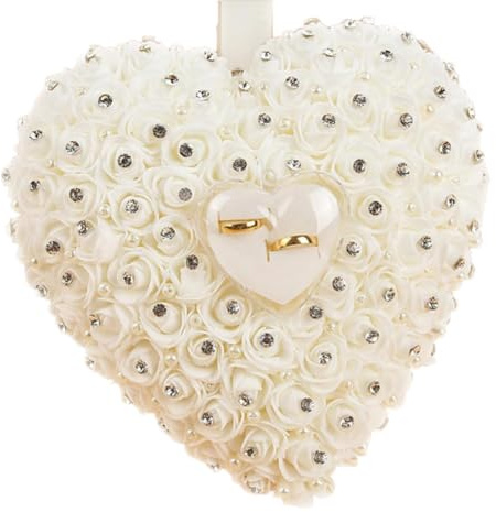 Hrlace Weiß Hochzeit Ringkissen 22 x 20cm Romantische Rose Ehering-Kissen Herz Ring Box mit Satinrose Perle Strass für Hochzeits Valentinstag Accessoires