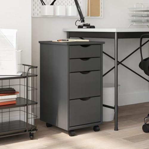 Tidyard Rollschrank mit Schubladen Rollcontainer Schreibtisch Aktenschrank Druckertisch mit Rollen Bürocontainer Bürowagen Beistellwagen Ablage Büroschrank Beistelltisch Moss Grau Massivholz Kiefer