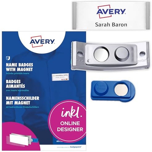AVERY Zweckform polar30 Namensschilder 5 Stück (70x30mm, 5 Schilder mit Magnet, verdrehsicher, mit blanko Einsteckschildern zum Bedrucken, magnetische Namensschilder für Kleidung) edelstahl matt