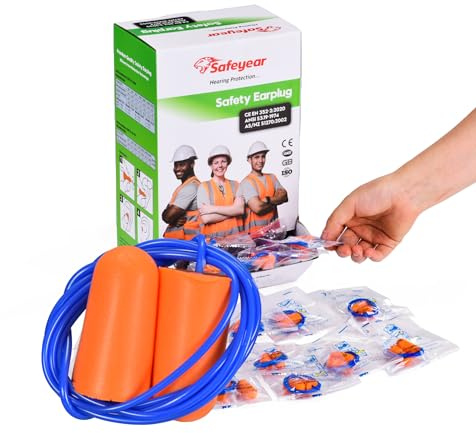 SAFEYEAR 100 Pairs Soft PU Foam Bullet Earplugs with String, Noise Cancelling 38dB SNR, Slow Rebound, Noise Reduction, Safety Earplugs for Sleep, Automotive, Construction, Mining,Mowing Grass