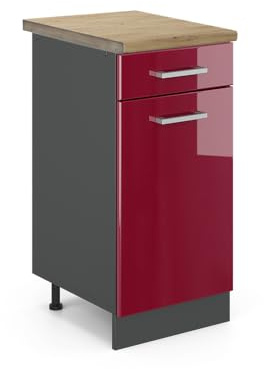 Vicco Küchenunterschrank R-Line, Rot Hochglanz, 40 cm, AP Eiche