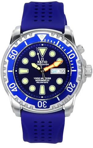 Ratio FreeDiver - Reloj de Buceo automático con Cristal de Zafiro Seguro para Helio, Resistente al Agua hasta 1000 m, para Hombre, Azul - Nuevo diseño, Buzo