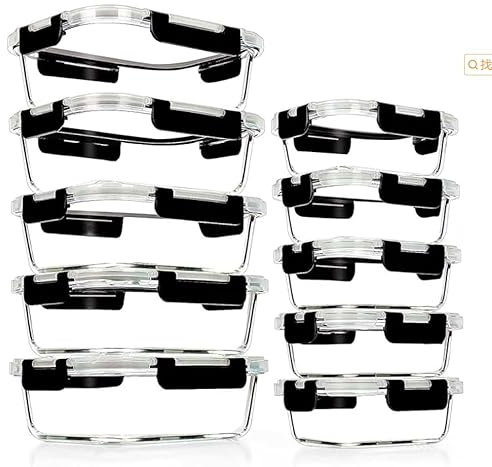 Glass Food Storage Set With Lids - 10 Pack Airtight Meal Prep Containers, Stackable, Microwave, Oven, Freezer and Dishwasher Safe, 1050ml & 370ml (Black)