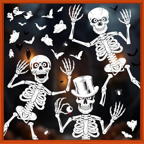 Xyxu Halloween Decorations Window Stickers, 10Sheets Scary Skeletons Window Clings with Bat, Ghost, Spider Designs, Reusable Static Clings for Indoor Window Decoration, Halloween Stickers for Windows