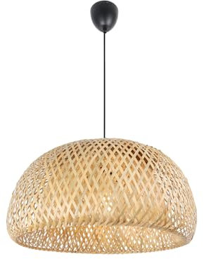 Alpinaluz Lámpara Colgante de Mimbre Natural ø480mm Pantalla Doble Capa en Forma de Hemisfera, Portalámpara de Madera, Cable Negro Ajustable, Ideal para Techo, Salón, Comedor, Dormitorio