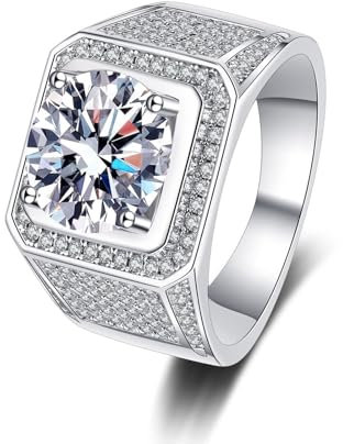 Weißgold Ring Herren 585 Echtgold, Engagement Ring Vintage 14K Gold Labor Geschaffener Diamant 2ct Rund Geometrisch Silber Schmuck Größe 57 (18.1)