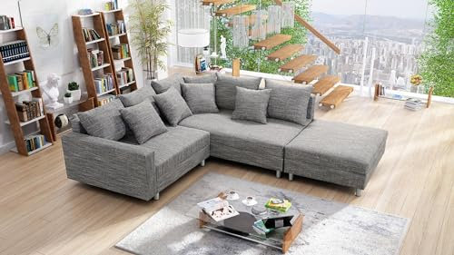 Kuechen-preisbombe Wohnlandschaft Sofa Couch Ecksofa Eckcouch Gewebestoff hellgrau + Hocker Minsk R