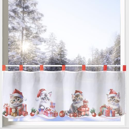 heimtexland ® Scheibengardine Weihnachten Fensterdeko Weihnachtsgardine Bedruckt Deko Gardine Voile transparent weiß rot 45x120 Advent Typ651 Katzenbabys