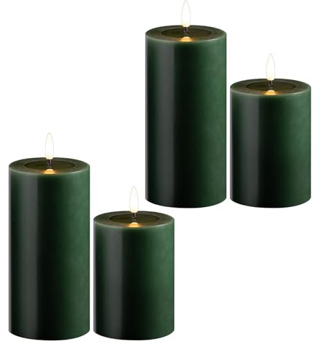 Novaliv 4er Set Led Kerzen flackernde Flamme mit Echtwachspiegel grün 7,5cm ø 2X 15 cm, 2x10 cm Höhe, LED Kerzen mit Timerfunktion, 2 AA Batterien nötig, LED Echtwachs Stumpenkerzen warmweiß