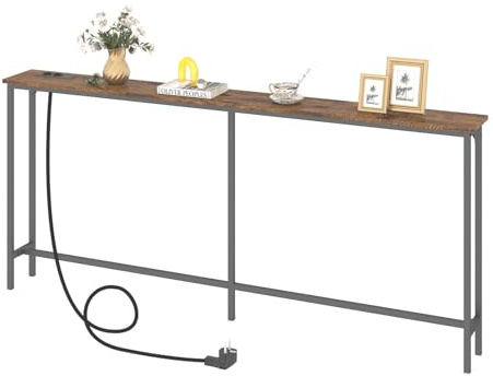 ZZINOKE Konsolentisch Holz 180cm mit Ladestation, 180T x 20B x 80.5H cm Schmal Konsolentisch, Industrieller Eingangstisch, Sofatisch für Eingangsbereich, Flur, Foyer, Wohnzimmer, Vintage-Braun