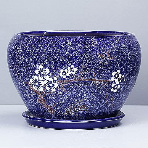 Grand pot de fleurs en céramique bleu avec plateau pour intérieur et extérieur pour plantes vertes, plantes grasses et herbes aromatiques Pot de 25 cm avec trous de drainage