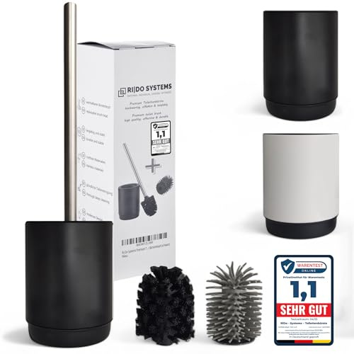 Ri|Do Systems Escobillas de inodoro y soporte negro – Mango de acero inoxidable – Escobilla de inodoro incluye 2 cabezales de cepillo para el baño – Independiente Redondo – Inodoro Higiénico
