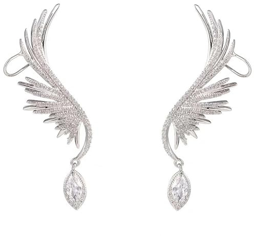 Orecchini ali d'angelo, orecchini a serpente, orecchini a piuma - in argento, ali d'angelo cave, vuote, clip per orecchio, diamante d'acqua, clip per orecchio in osso, orecchini crawler, orecchini in