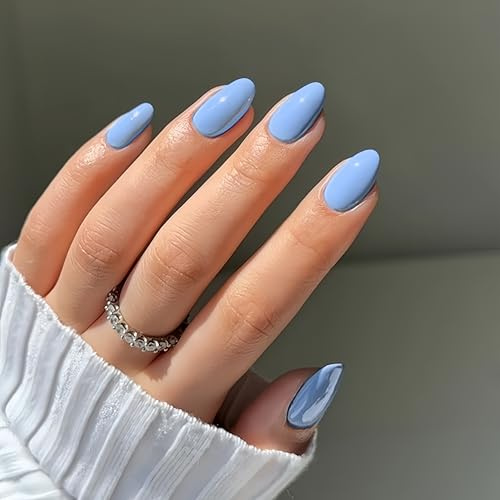 KQueenest Baby Blue Press on Nails Short Oval, Short False Nails Almond, Glossy Solid Sky Blue Fake Nails Set, Reusable Natural Gel Stick on Nail for Women Finger Daily Wear 24 Pcs