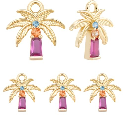 Beebeecraft 1 boîte de 10 breloques Palmier Plaquées Or 18 carats en Oxyde de Zirconium Coloré Breloques Tropicales en Forme de Cocotier pour la Fabrication de Bijoux et de Colliers.
