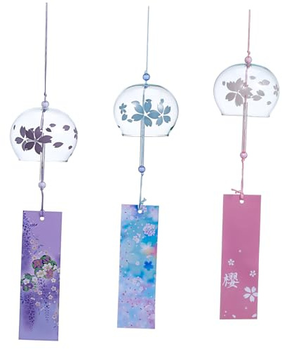 BESTonZON 3er Set Japanisches Windspiel aus Glas mit Kirschblüten Design Handgefertigte Hängende Windglocken für Garten Balkon Zimmer Japanische Dekoration Fenster Windspiel-Set Glocke