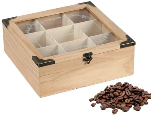 Scatola da tè in legno, contenitore per bustine di tè, 24 x 24 x 9 cm, adorabile organizer decorativo compatto per bustine di tè, per amici, amanti e colleghi