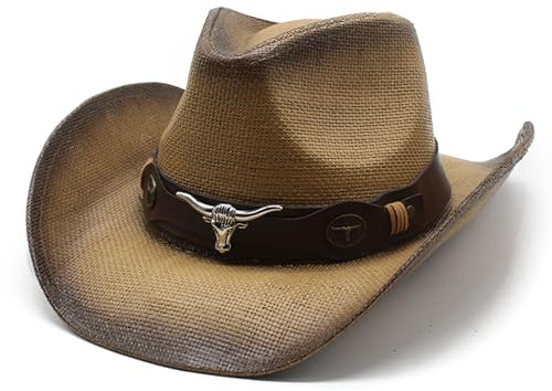 Sombrero de Cowboy de Paja para Mujer Hombre Gorros de Vaquero Panamá Occidental con ala Ancha Western Cowgirl Hat Sombrero de Playa Gorras de Sol de Verano (FR/ES, Letras, Talla única, Caqui)