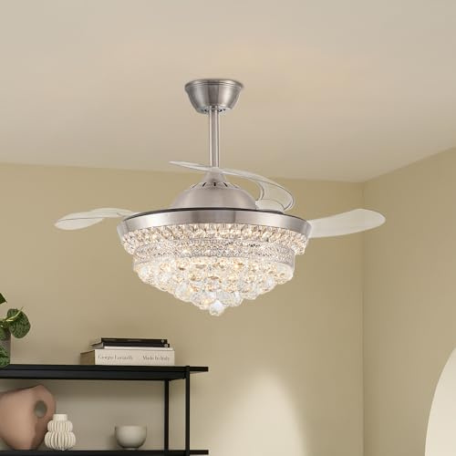 Warmiehomy Ceiling Fans with Lamps,42 Inch Crystal LED Fan Light with Remote Control Color-Changed,60W 3 Blades Light Fan Ceiling with DC Motor for Bedroom, Living Room(3000K-6000K)