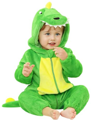 DiULi Dinosauriedräkt för pojkar och flickor, dinosauriedräkt med huva och svans, mjuk flanell, sparkdräkt för barn med dragkedja, onesie pyjamas för halloween karneval (grön-1 st)