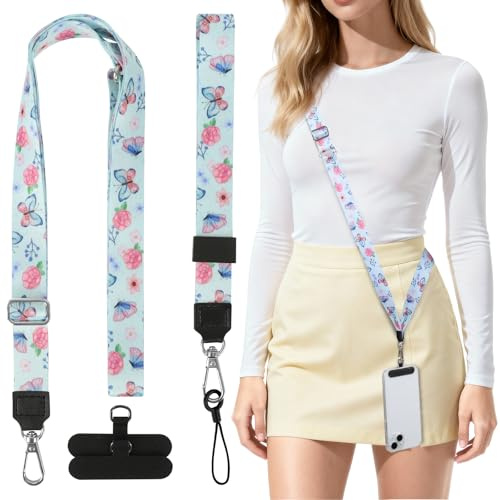 HONZUEN Cordon Téléphone Portable, Bandoulière & Dragonne, Papillon | Polyester résistant | Réglable bandoulière 50-78cm + dragonne 21cm | 2 patchs inclus | Recharge sans retirer la coque