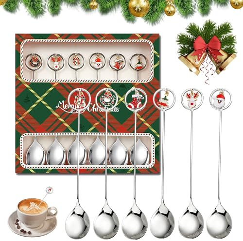 Tarqite 6 Stück Weihnachtslöffel, Edelstahl Löffel Set mit Weihnachtsanhänger & Geschenkbox, Weihnachten Kaffeelöffel Teelöffel Dessertlöffel, Christmas Spoons für Tischdeko, Wintergeschenk, Silber