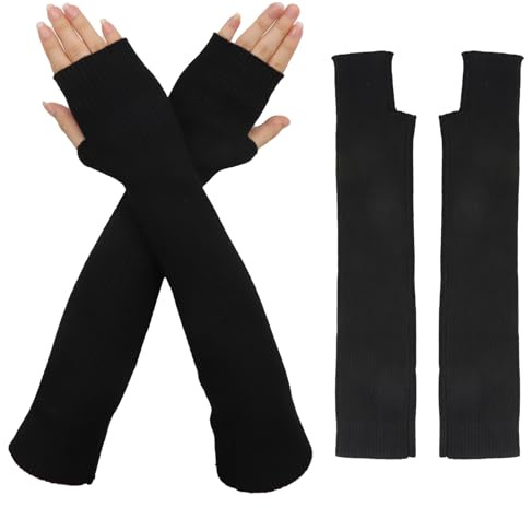 VEGCOO Lange Wolle Fingerlose Handschuhe, Damen Winter Wolle Armstulpen, Schwarz Winter Knit Armstulpen Daumenloch Handschuhe, Damen Lange Fingerlose Pulswärmer Handwärmer Stulpen
