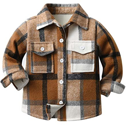AMhomely Fleece Shirt Kids-Winter Checked Shacket,Cotton,Button Down,Long Sleeve,Plaid,Lapel,Breasted Pocket,Casual Comfortable,Boys Girls Shirt Coat for School A Coffee 3-4 Years