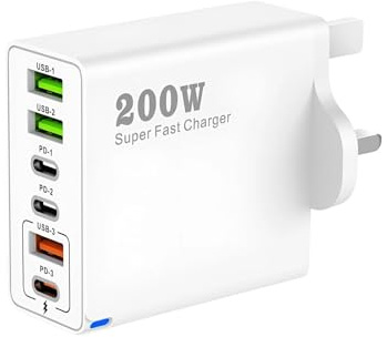 200W USB C Charging Station, 6-Port Fast Charger Plug with PD 100W/65W/45W/20W, GaN III Multi USB C Charger Hub for MacBook, Dell, Steam Deck, 15/16/14 Pro, USB Multi Charger Block