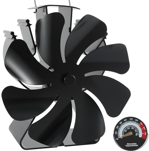 VODA Log Burner Fan 8 Blades Heat Powered Stove Fans Non Electric Fireplace Fan for Wood Burning Stove, Fireplace Accessories Thermometer