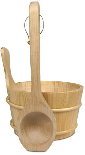 Saunazubehör Set Kübel 4 L und Schöpfkelle aus Birkenholz mit Kunststoffeinsatz - Traditioneller Saunaeimer mit Holzreifen und Saunakelle 40 cm Länge