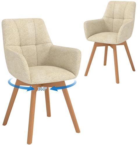 LEWE Esszimmerstühle Drehbar 2er Set mit Armlehne und Holzbeinen, Khaki | 360°Drehstuhl, Polsterstuhl mit Ergonomische Stoffrückenlehne, Stühle für Esszimmer, Küche, Wohnzimmer, Schlafzimmer