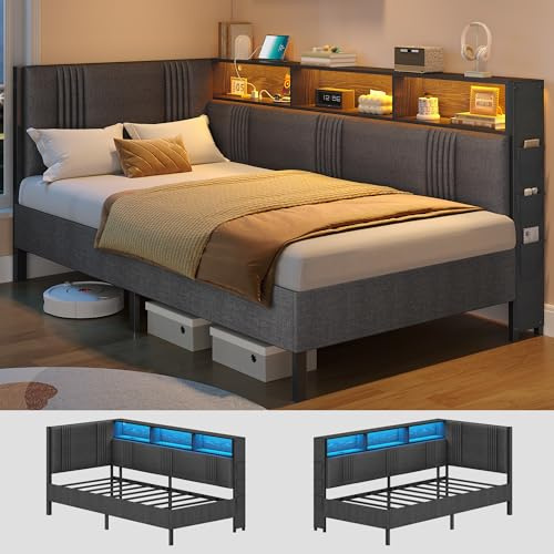 Hzuaneri Polsterbett Schlafsofa 190 × 90cm, Einzelbettgestell mit LED-Beleuchtung und Ladestation, Jugendbett mit 3 Staufächern, Bettgestell Lattenrost aus Metall, Dunkelgrau, Modern, BF40404B