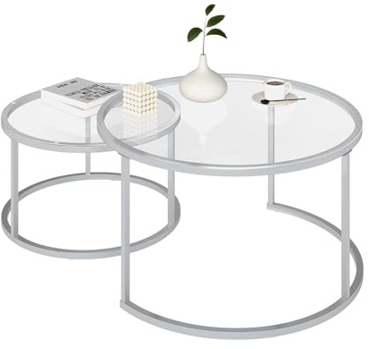 Ginhow 2er Set Couchtisch Rund Glas Silber Wohnzimmertisch Rund 80x80 Glastisch Wohnzimmer, Couchtisch Modern Coffee Table Set 80 + 60 cm mit Silber Metalltischbeinen