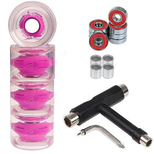 FunTomia 4 Stück (LED) Longboard/Skateboard Rollen (Big Wheels) in 70x51mm inkl. ABEC-9 Kugellager und Magnet Spacer 80A Rollenhärte + T-Tool